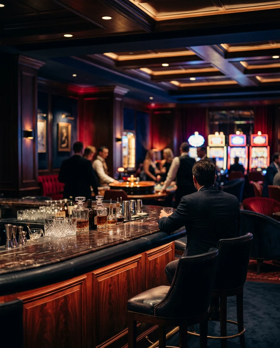 Premium Mad Casino lounge interior at golden hour